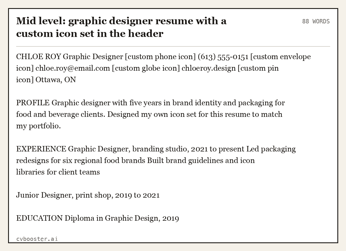 Complete Mid level: graphic designer resume with a custom icon set in the header example, 88 words, laid out as it would sit in the application form