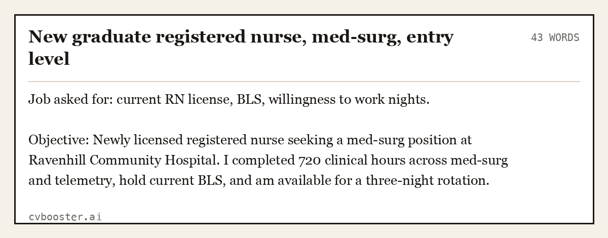 Complete New graduate registered nurse, med-surg, entry level example, 43 words, laid out as it would sit in the application form