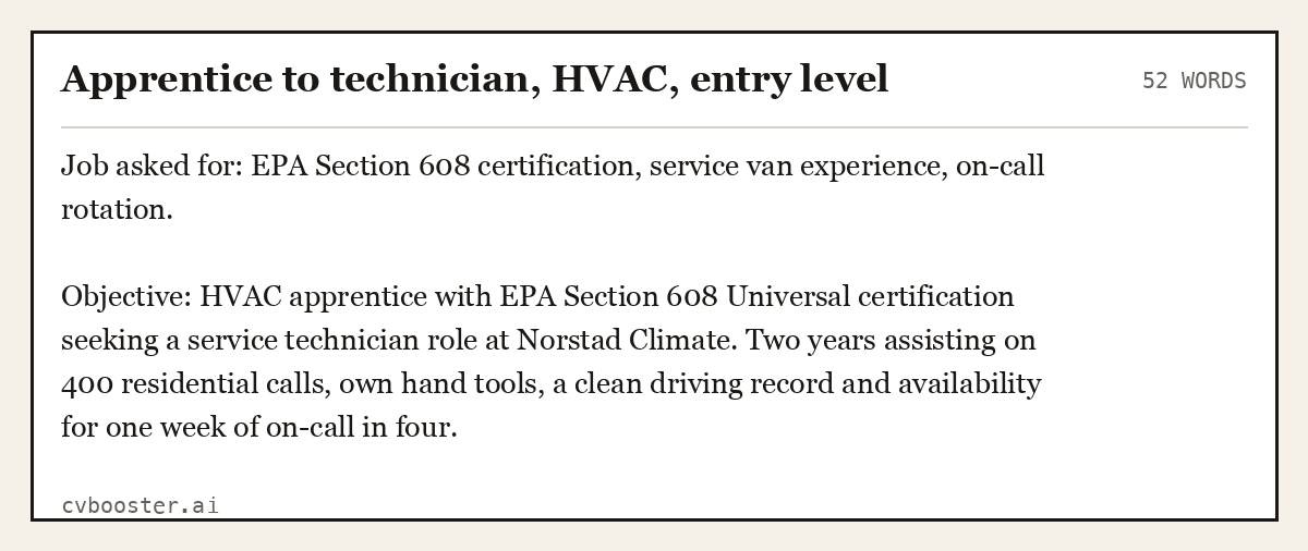 Complete Apprentice to technician, HVAC, entry level example, 52 words, laid out as it would sit in the application form