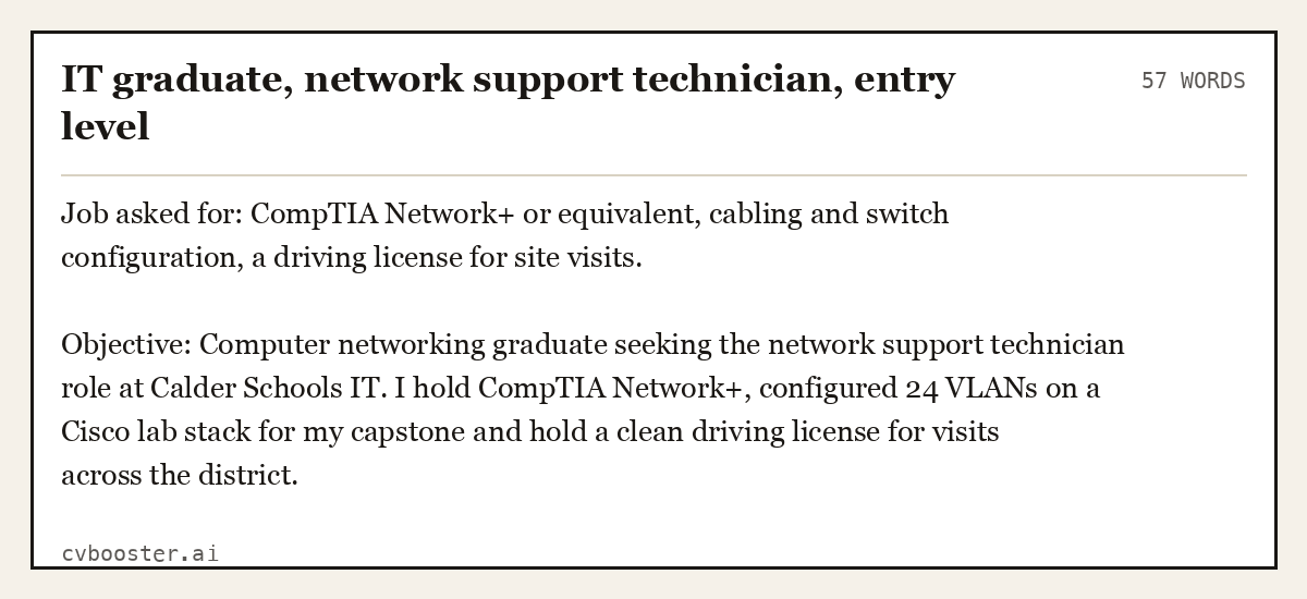 Complete IT graduate, network support technician, entry level example, 57 words, laid out as it would sit in the application form