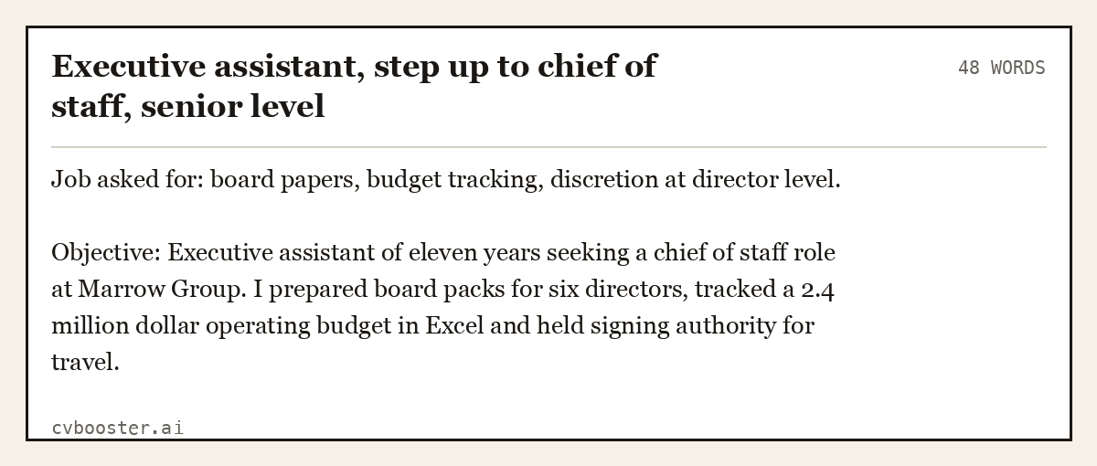 Complete Executive assistant, step up to chief of staff, senior level example, 48 words, laid out as it would sit in the application form