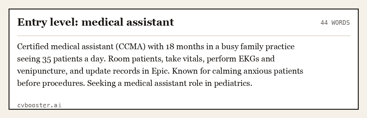 Complete Entry level: medical assistant example, 44 words, laid out as it would sit in the application form