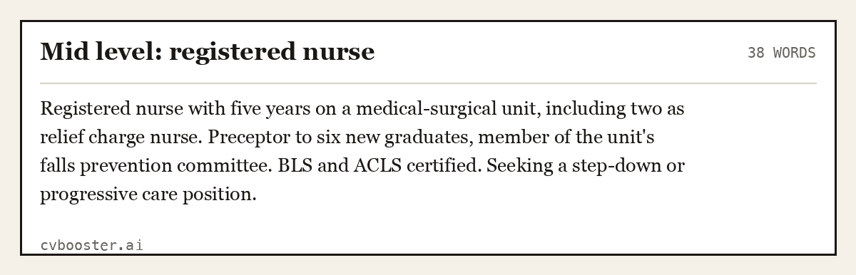 Complete Mid level: registered nurse example, 38 words, laid out as it would sit in the application form