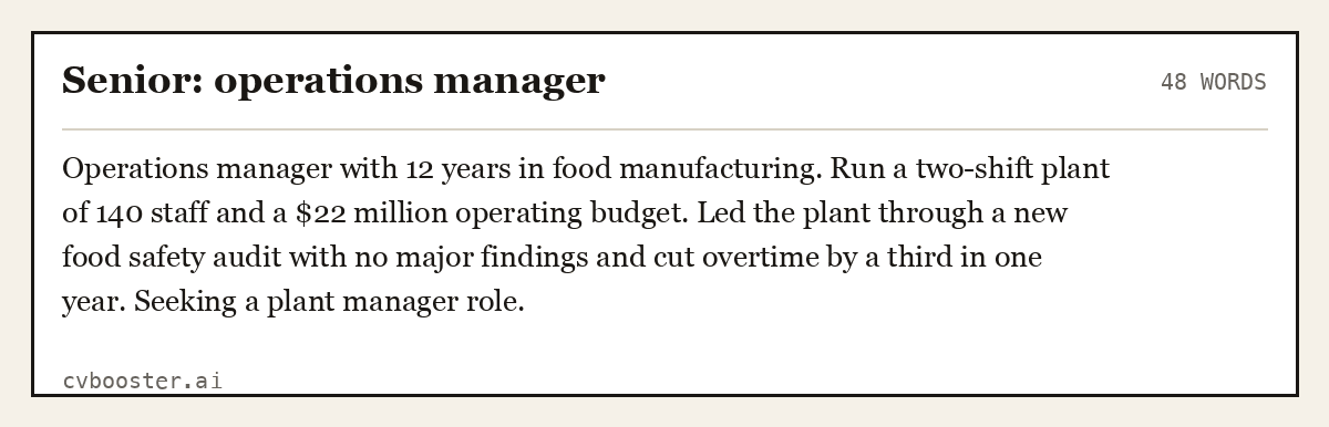 Complete Senior: operations manager example, 48 words, laid out as it would sit in the application form