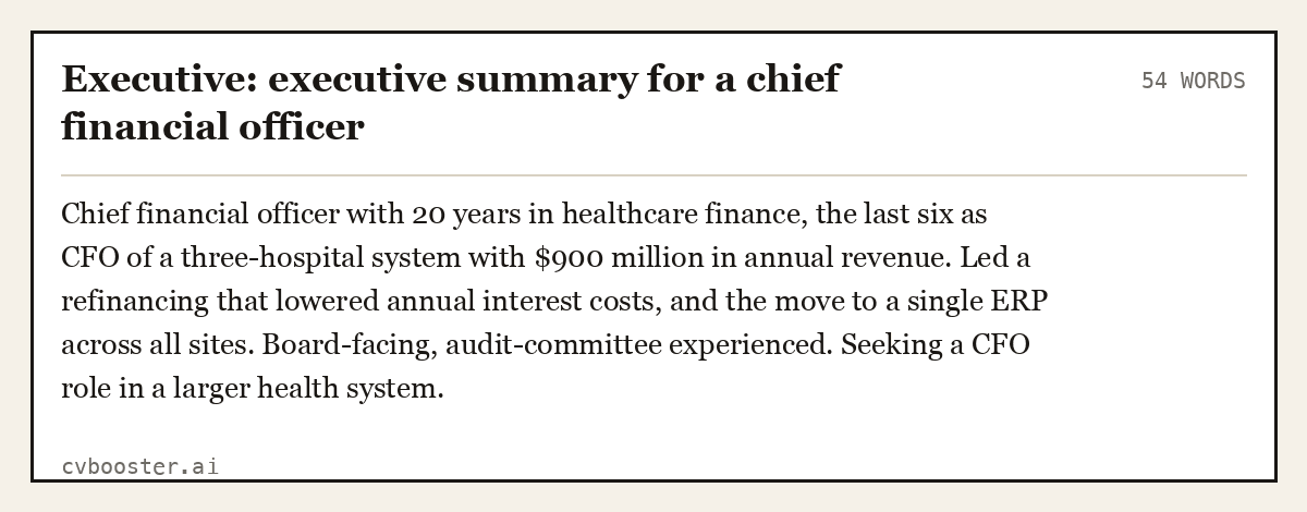 Complete Executive: executive summary for a chief financial officer example, 54 words, laid out as it would sit in the application form