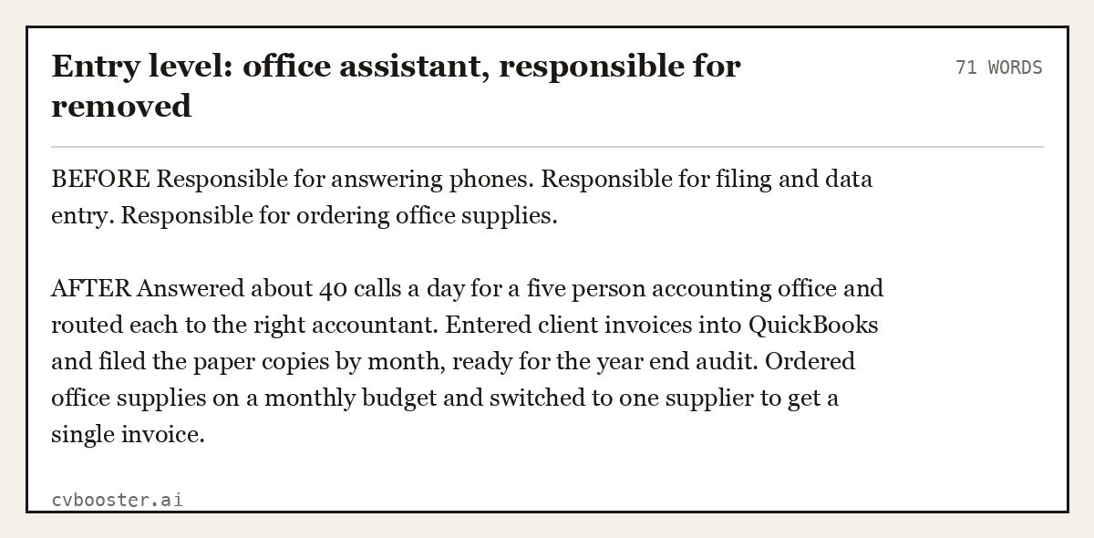 Complete Entry level: office assistant, responsible for removed example, 71 words, laid out as it would sit in the application form