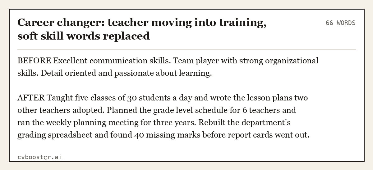 Complete Career changer: teacher moving into training, soft skill words replaced example, 66 words, laid out as it would sit in the application form