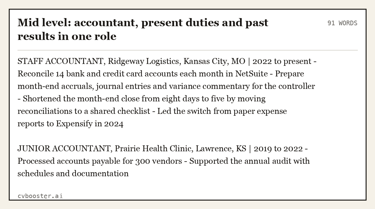 Complete Mid level: accountant, present duties and past results in one role example, 91 words, laid out as it would sit in the application form