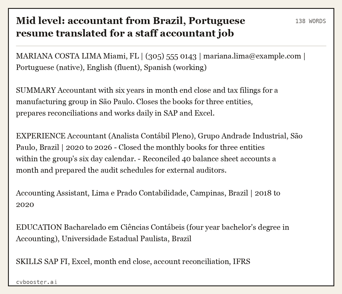 Complete Mid level: accountant from Brazil, Portuguese resume translated for a staff accountant job example, 138 words, laid out as it would sit in the application form