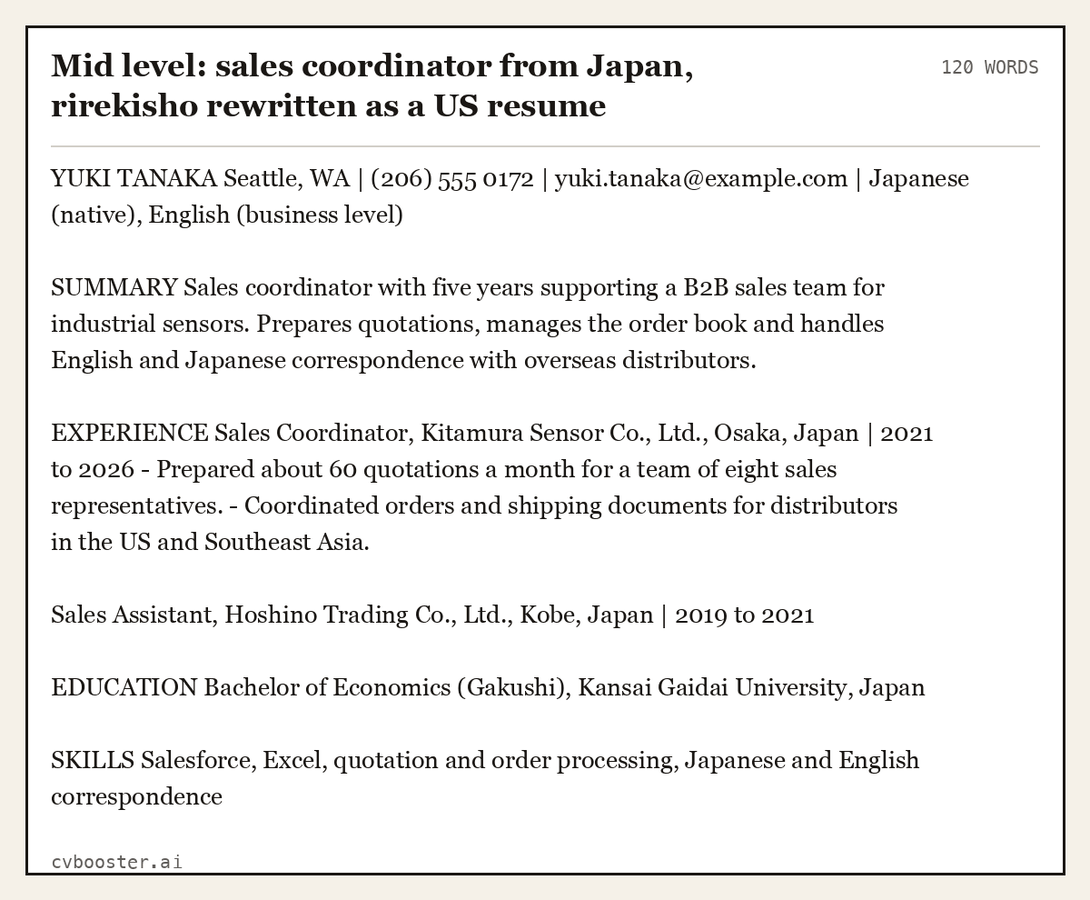 Complete Mid level: sales coordinator from Japan, rirekisho rewritten as a US resume example, 120 words, laid out as it would sit in the application form
