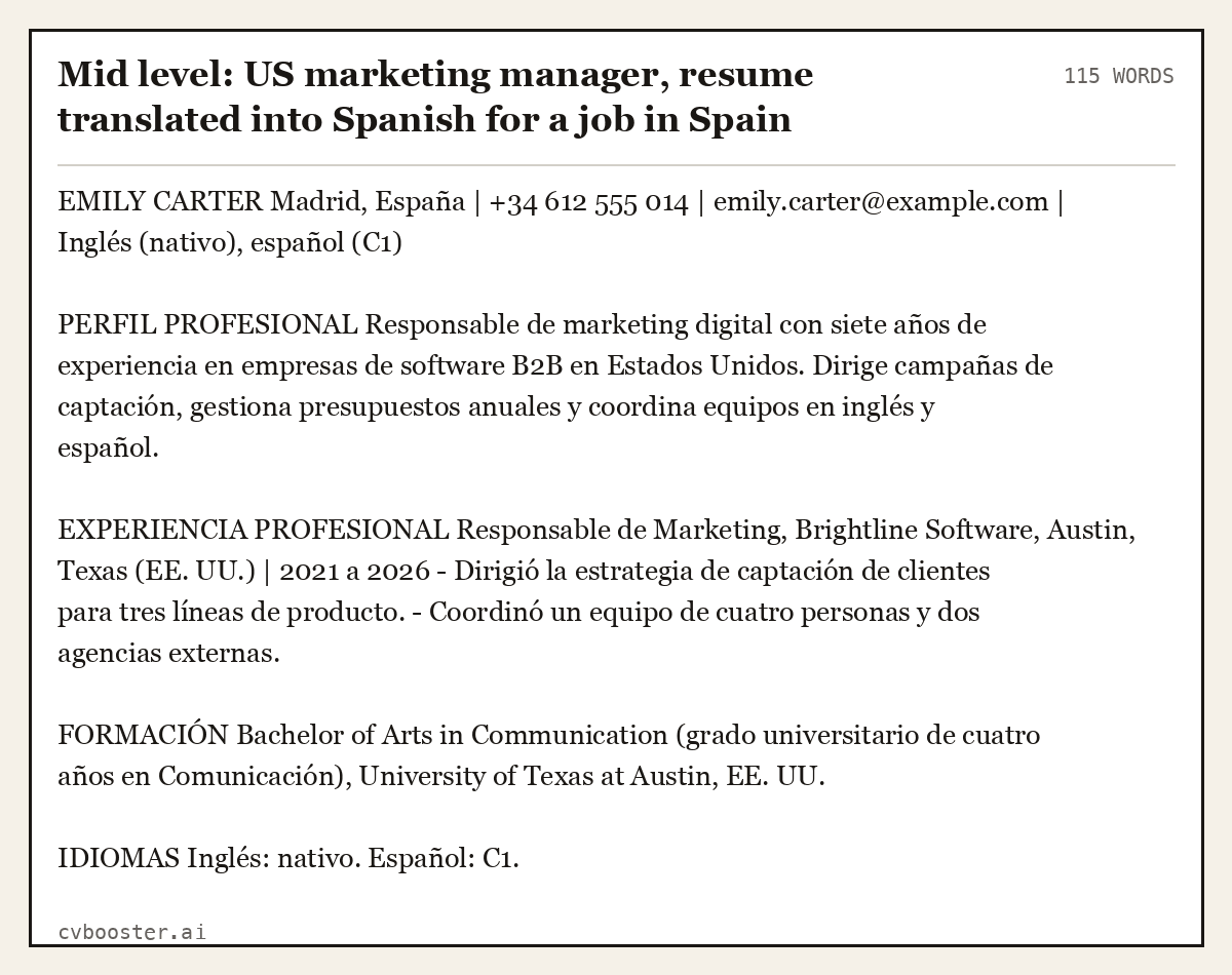 Complete Mid level: US marketing manager, resume translated into Spanish for a job in Spain example, 115 words, laid out as it would sit in the application form