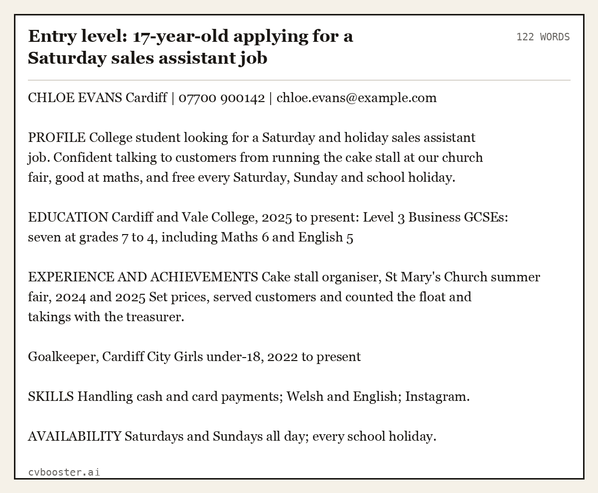 Complete Entry level: 17-year-old applying for a Saturday sales assistant job example, 122 words, laid out as it would sit in the application form