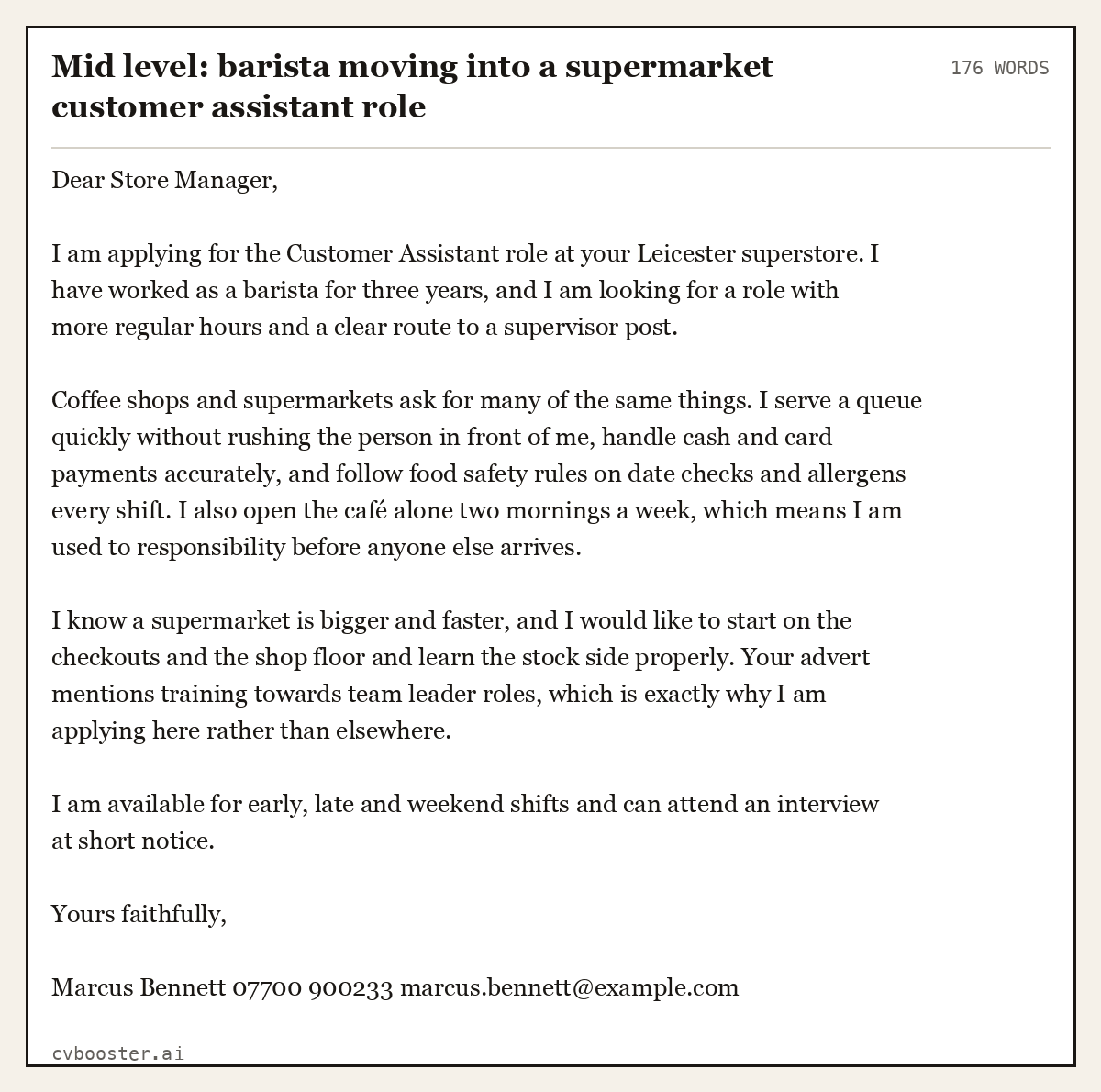 Complete Mid level: barista moving into a supermarket customer assistant role example, 176 words, laid out as it would sit in the application form