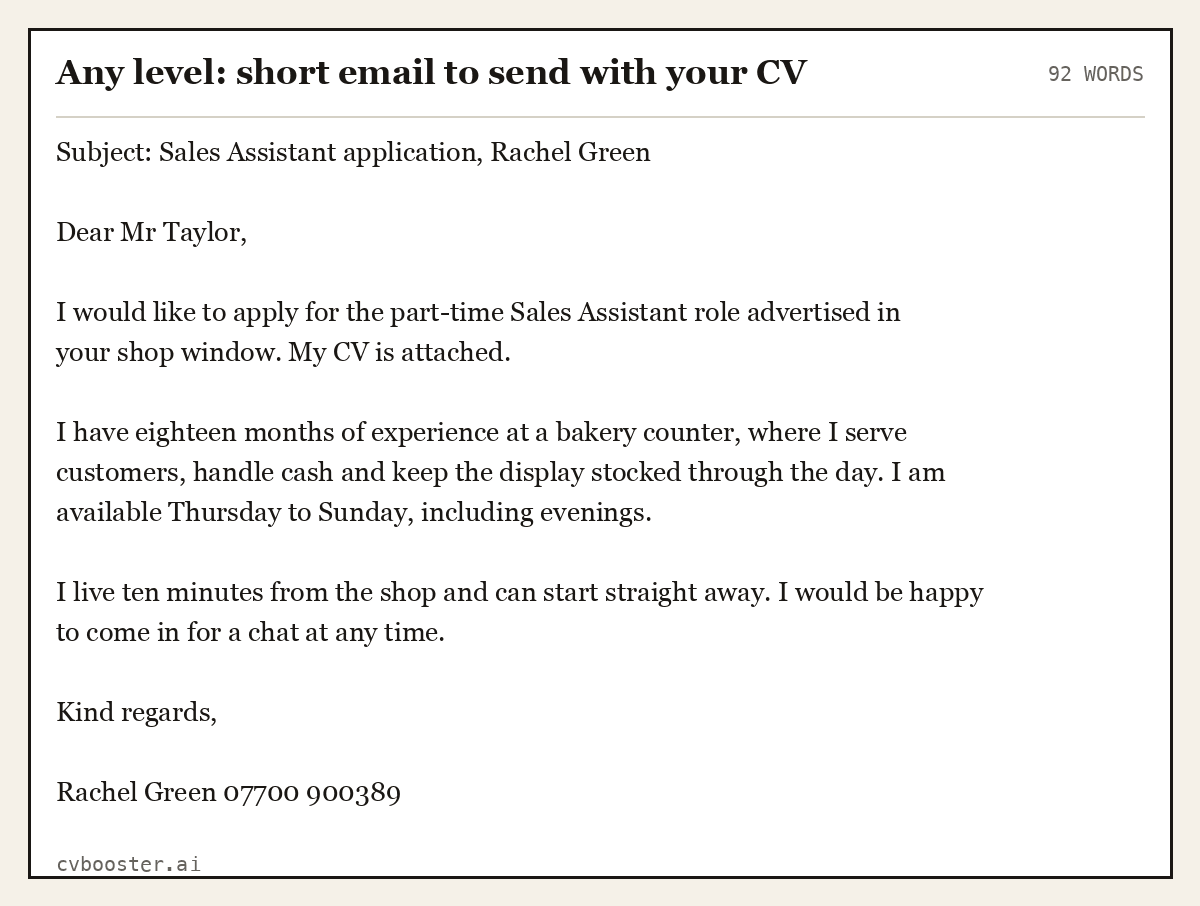 Complete Any level: short email to send with your CV example, 92 words, laid out as it would sit in the application form