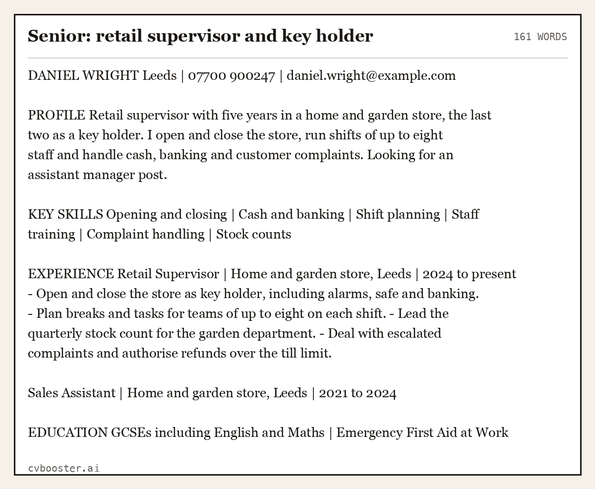 Complete Senior: retail supervisor and key holder example, 161 words, laid out as it would sit in the application form