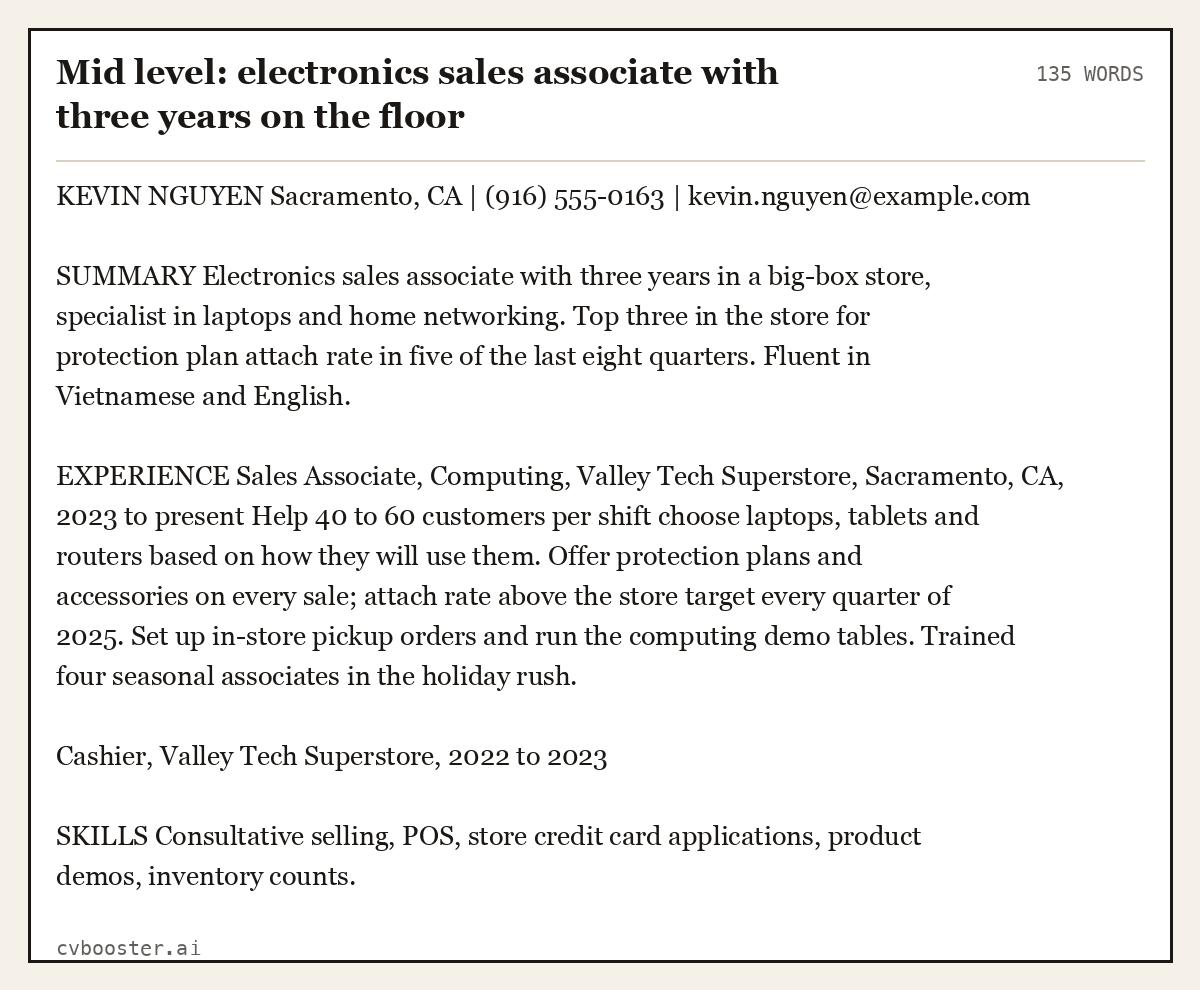 Complete Mid level: electronics sales associate with three years on the floor example, 135 words, laid out as it would sit in the application form