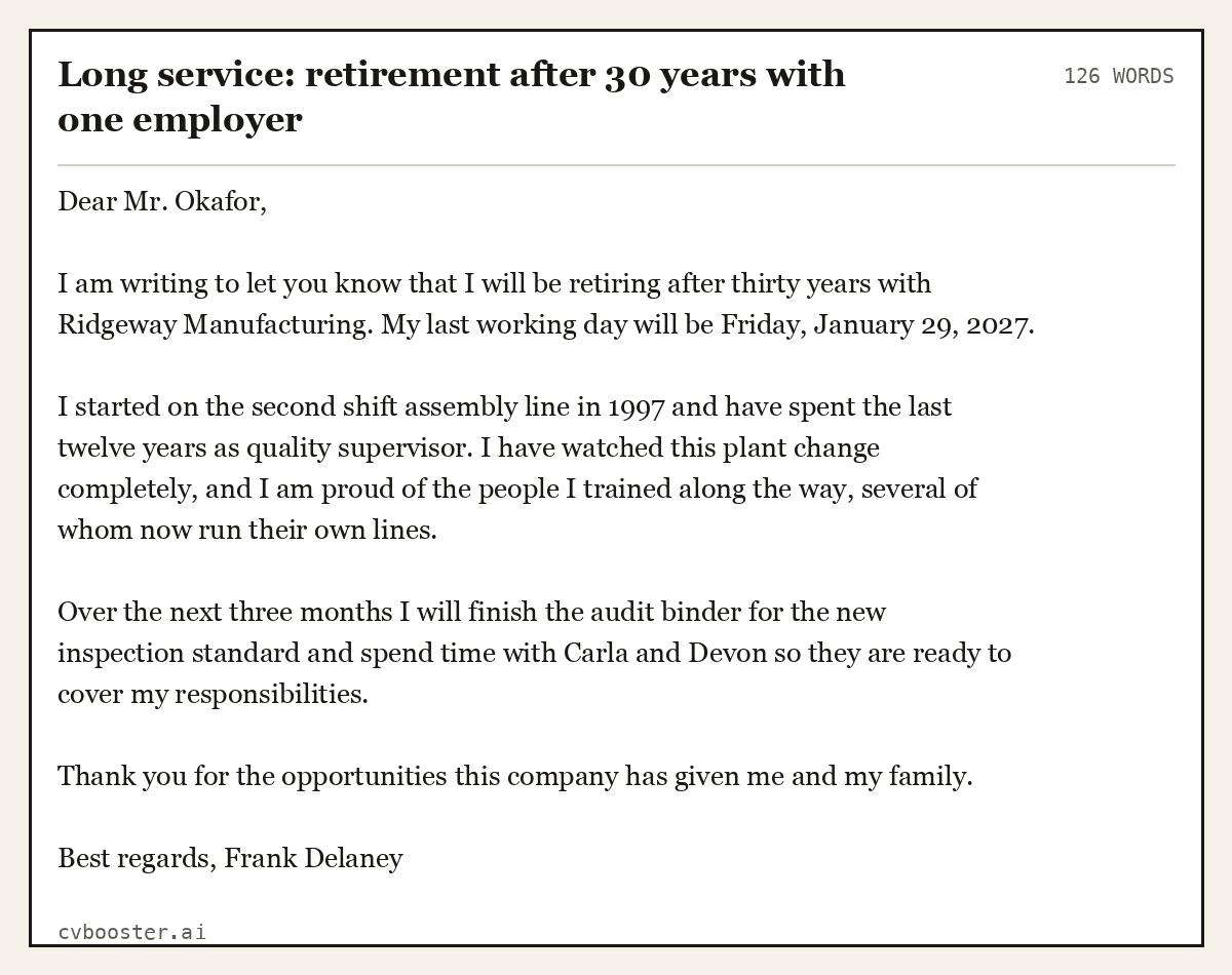 Complete Long service: retirement after 30 years with one employer example, 126 words, laid out as it would sit in the application form