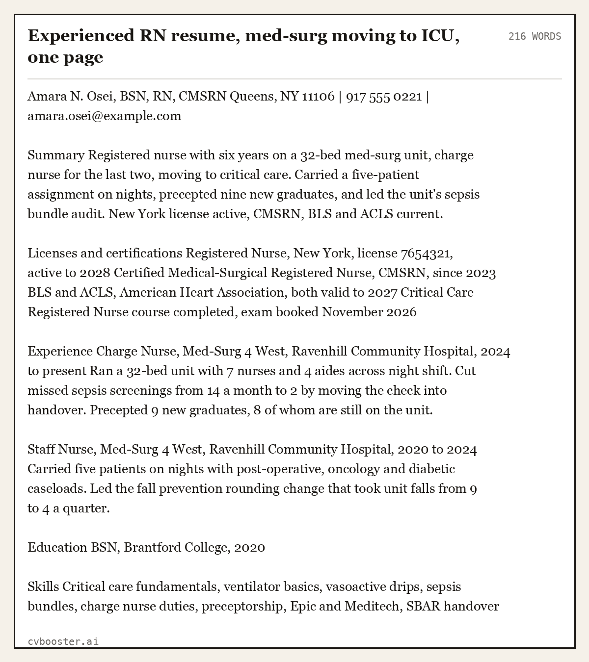 Complete Experienced RN resume, med-surg moving to ICU, one page example, 216 words, laid out as it would sit in the application form