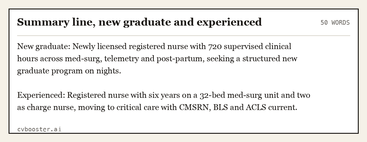 Complete Summary line, new graduate and experienced example, 50 words, laid out as it would sit in the application form