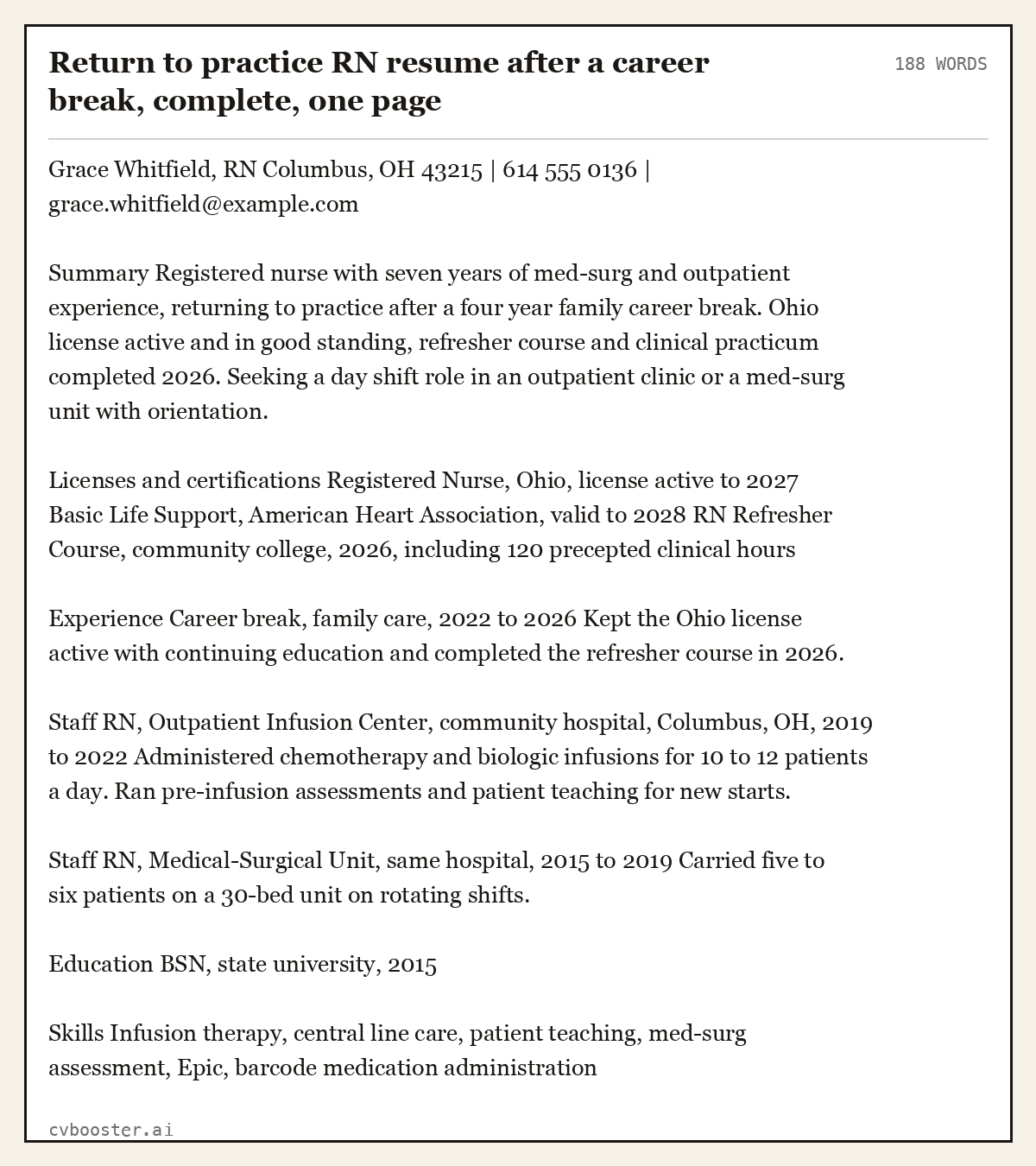 Complete Return to practice RN resume after a career break, complete, one page example, 188 words, laid out as it would sit in the application form