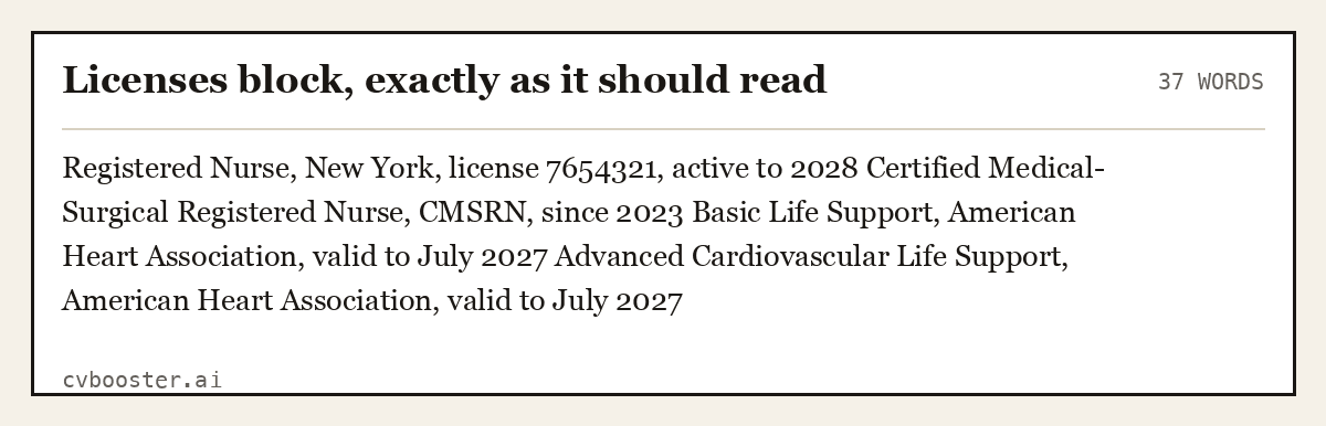 Complete Licenses block, exactly as it should read example, 37 words, laid out as it would sit in the application form