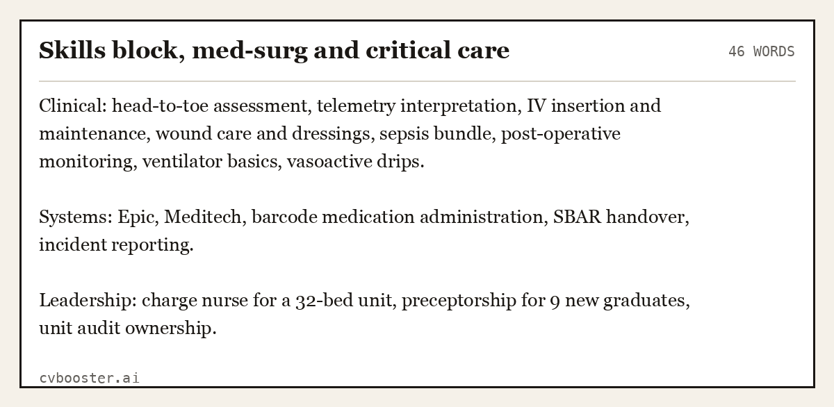 Complete Skills block, med-surg and critical care example, 46 words, laid out as it would sit in the application form
