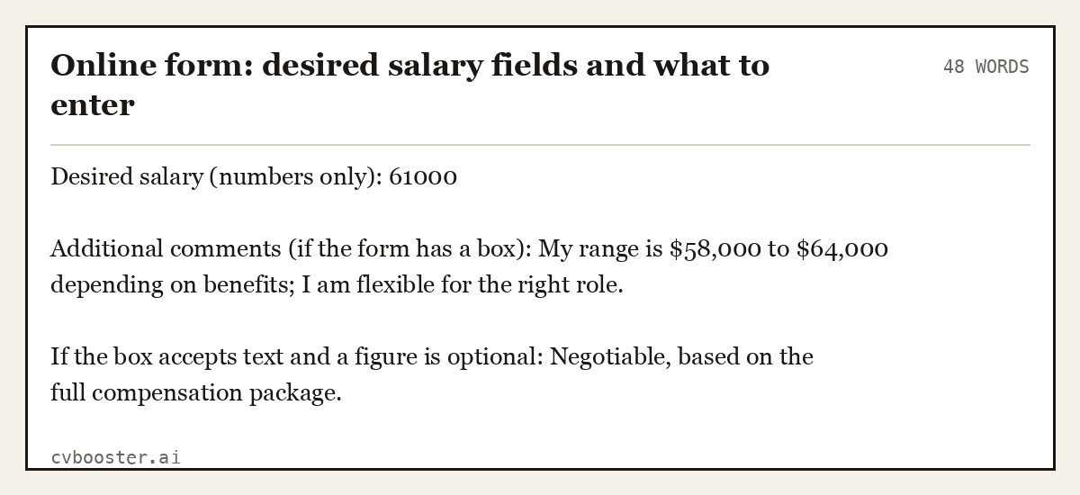 Online form: desired salary fields and what to enter, complete example, 48 words