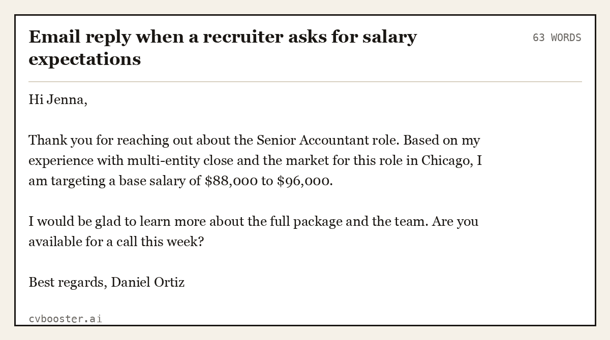 Email reply when a recruiter asks for salary expectations, complete example, 63 words