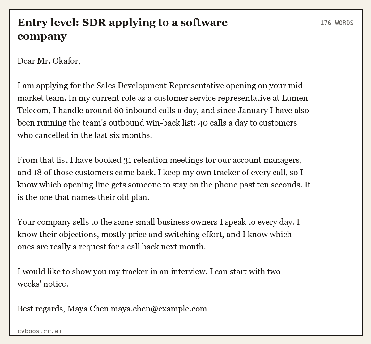 Complete Entry level: SDR applying to a software company example, 176 words, laid out as it would sit in the application form