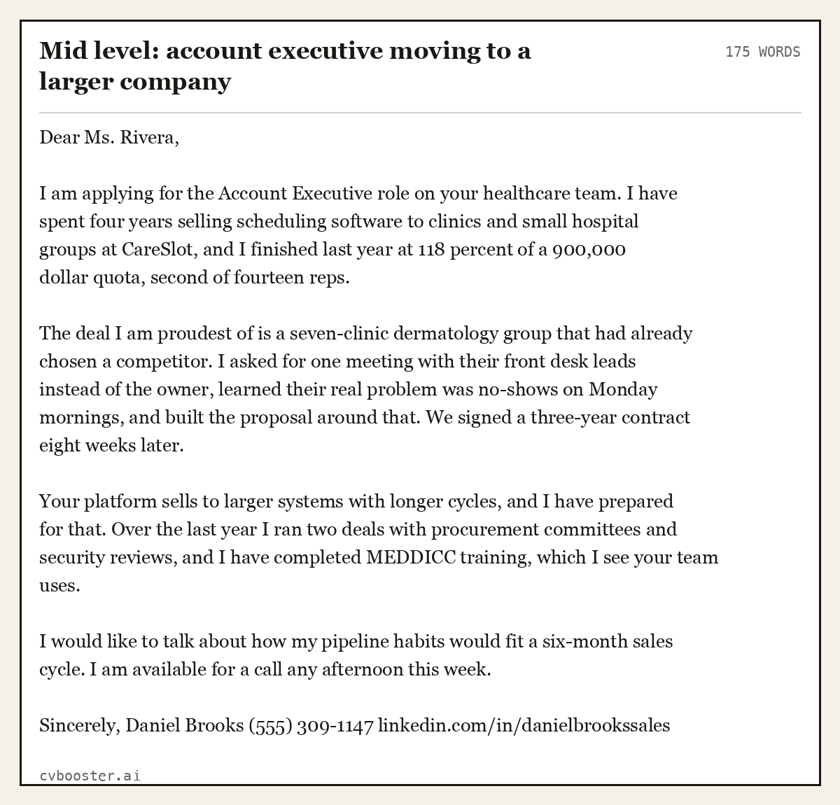 Complete Mid level: account executive moving to a larger company example, 175 words, laid out as it would sit in the application form