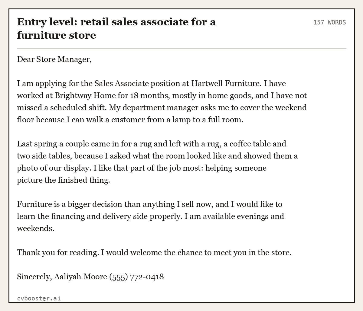 Complete Entry level: retail sales associate for a furniture store example, 157 words, laid out as it would sit in the application form