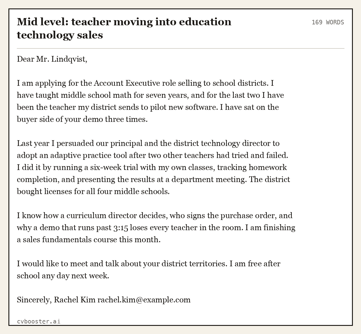 Complete Mid level: teacher moving into education technology sales example, 169 words, laid out as it would sit in the application form