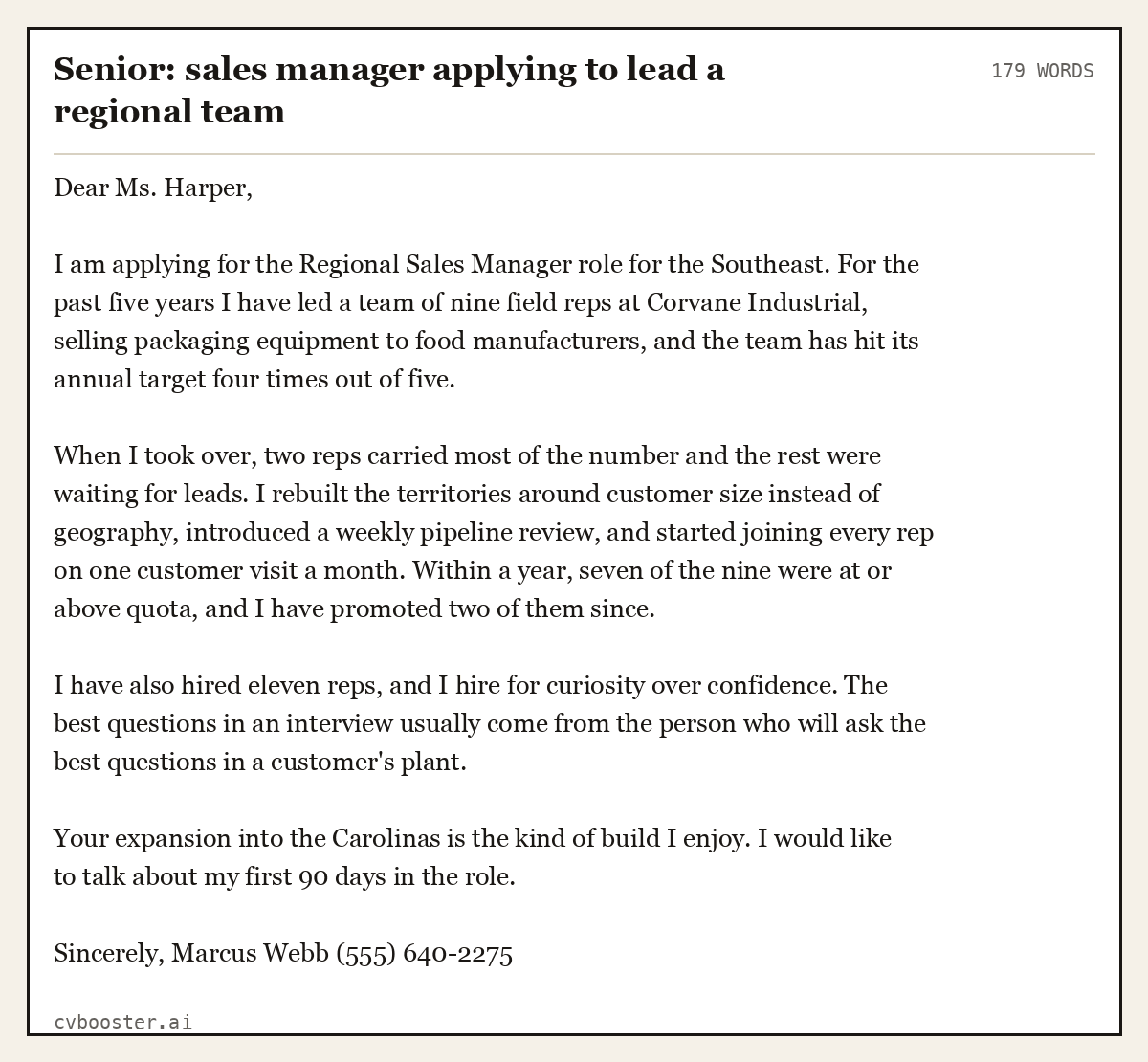 Complete Senior: sales manager applying to lead a regional team example, 179 words, laid out as it would sit in the application form