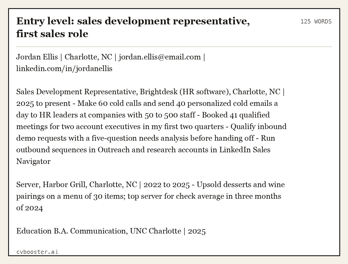 Entry level: sales development representative, first sales role, complete example, 125 words