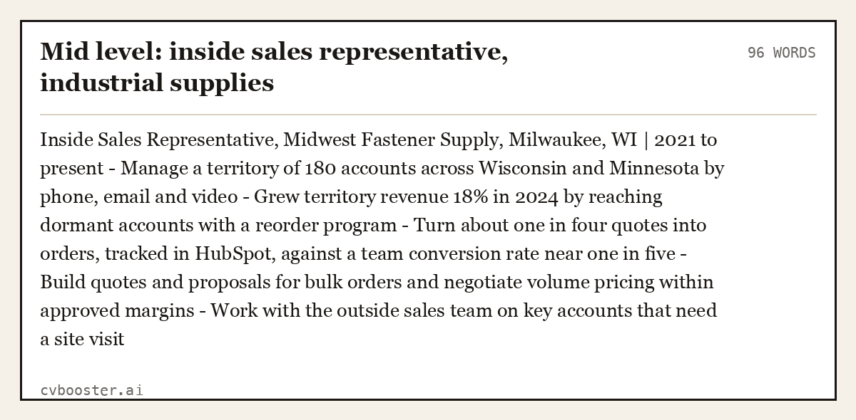 Mid level: inside sales representative, industrial supplies, complete example, 96 words