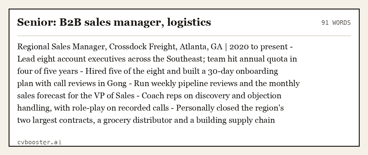 Complete Senior: B2B sales manager, logistics example, 91 words, laid out as it would sit in the application form