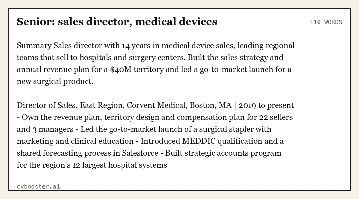 Complete Senior: sales director, medical devices example, 110 words, laid out as it would sit in the application form
