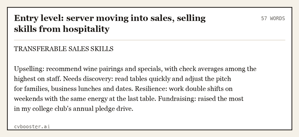 Complete Entry level: server moving into sales, selling skills from hospitality example, 57 words, laid out as it would sit in the application form