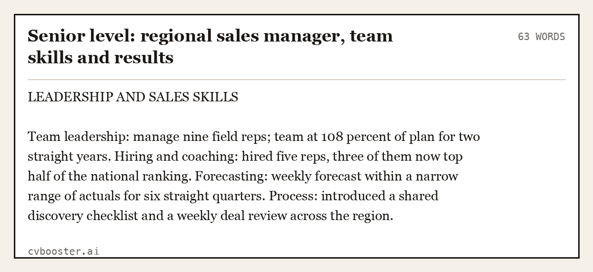 Complete Senior level: regional sales manager, team skills and results example, 63 words, laid out as it would sit in the application form