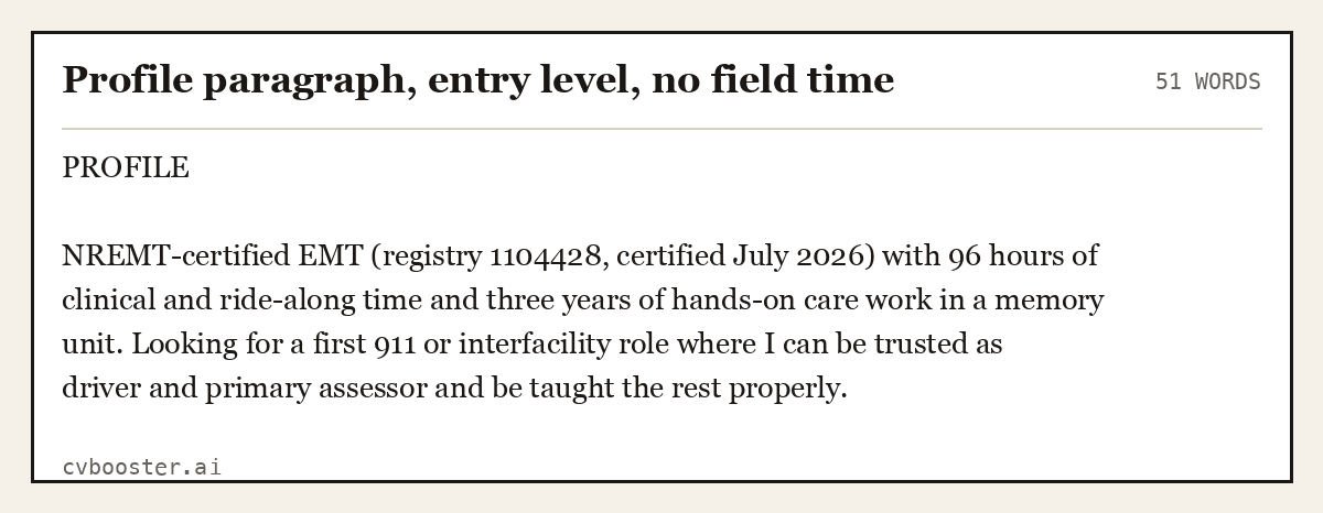 Complete Profile paragraph, entry level, no field time example, 51 words, laid out as it would sit in the application form