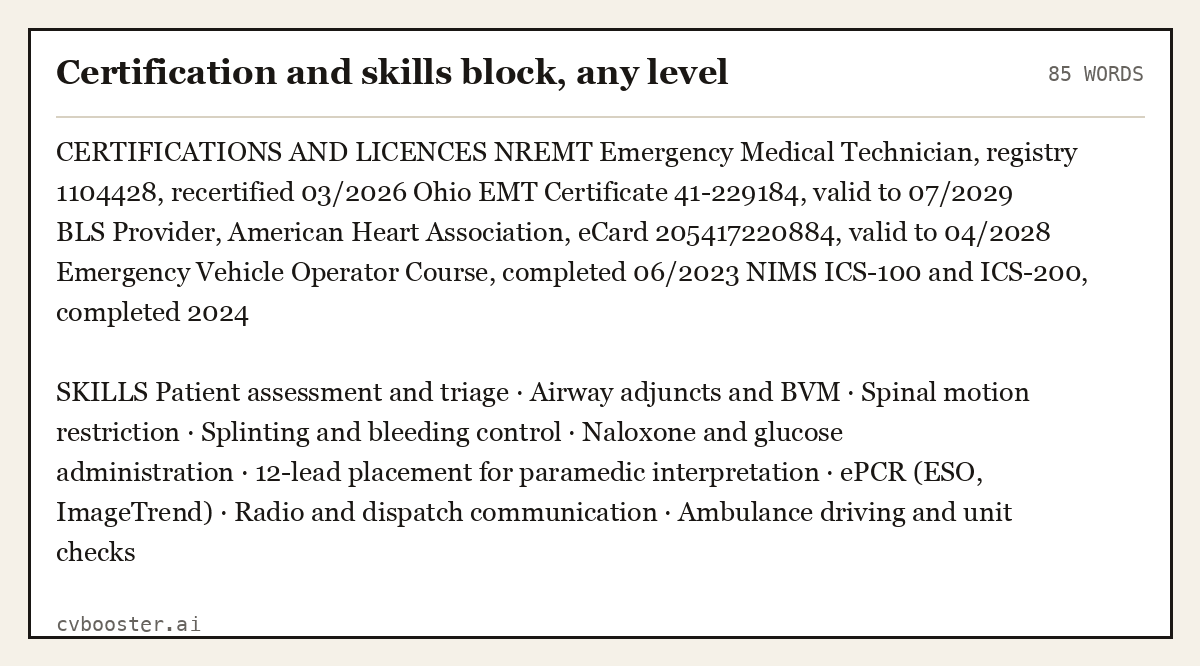 Complete Certification and skills block, any level example, 85 words, laid out as it would sit in the application form