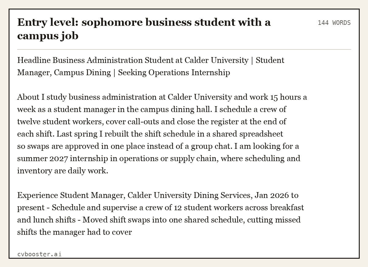 Complete Entry level: sophomore business student with a campus job example, 144 words, laid out as it would sit in the application form