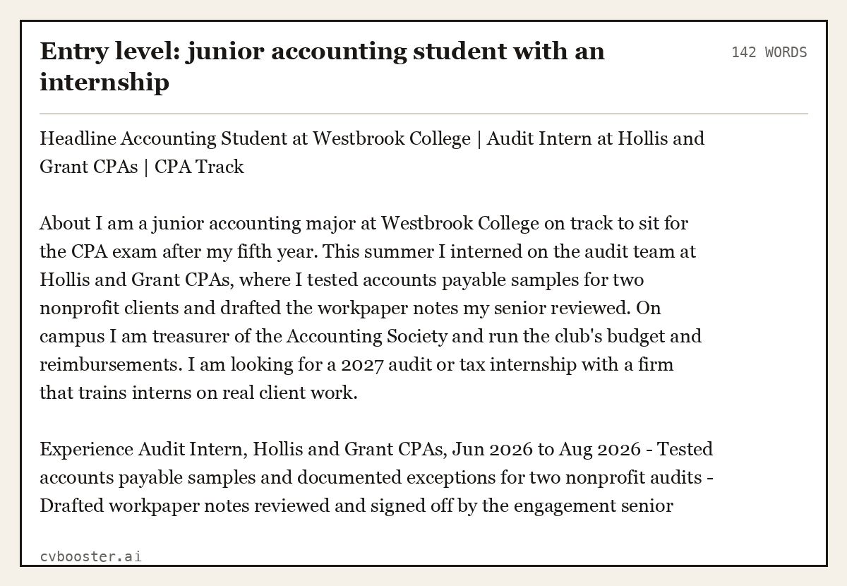Complete Entry level: junior accounting student with an internship example, 142 words, laid out as it would sit in the application form