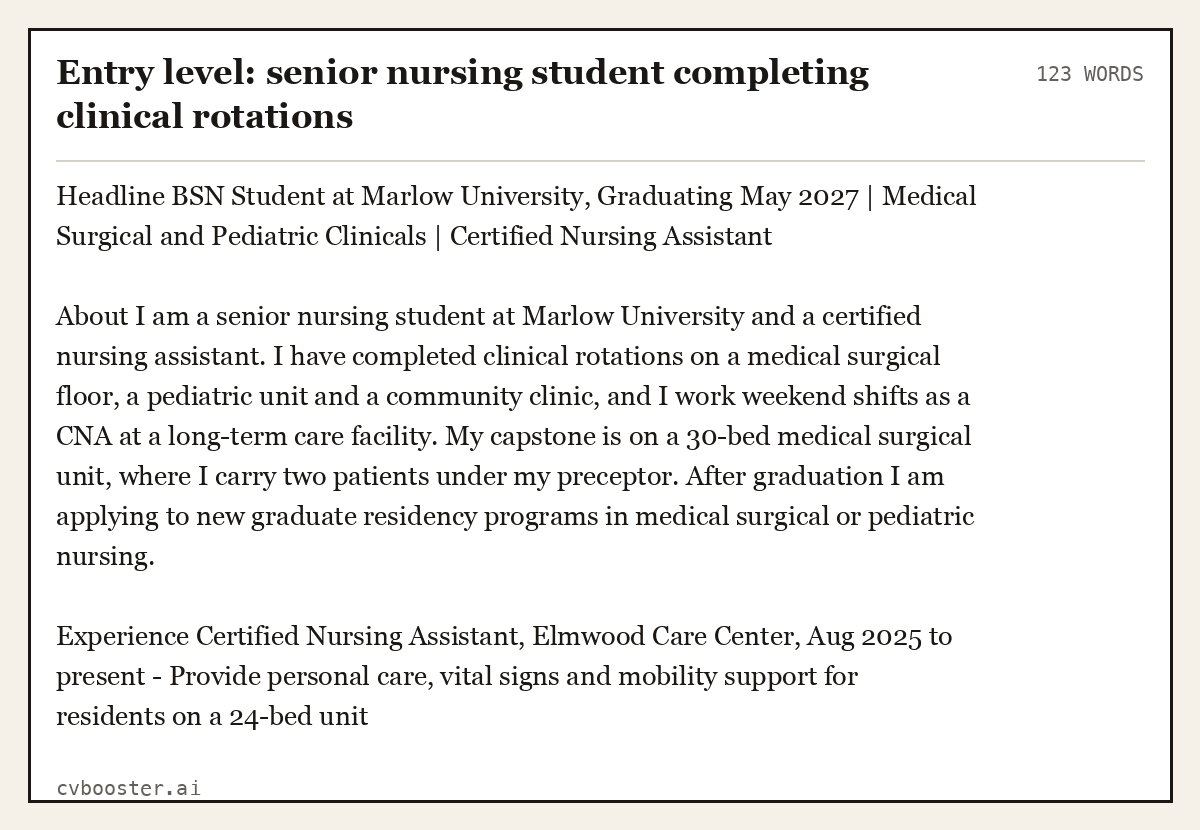 Complete Entry level: senior nursing student completing clinical rotations example, 123 words, laid out as it would sit in the application form