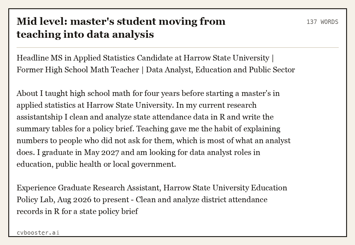 Complete Mid level: master's student moving from teaching into data analysis example, 137 words, laid out as it would sit in the application form
