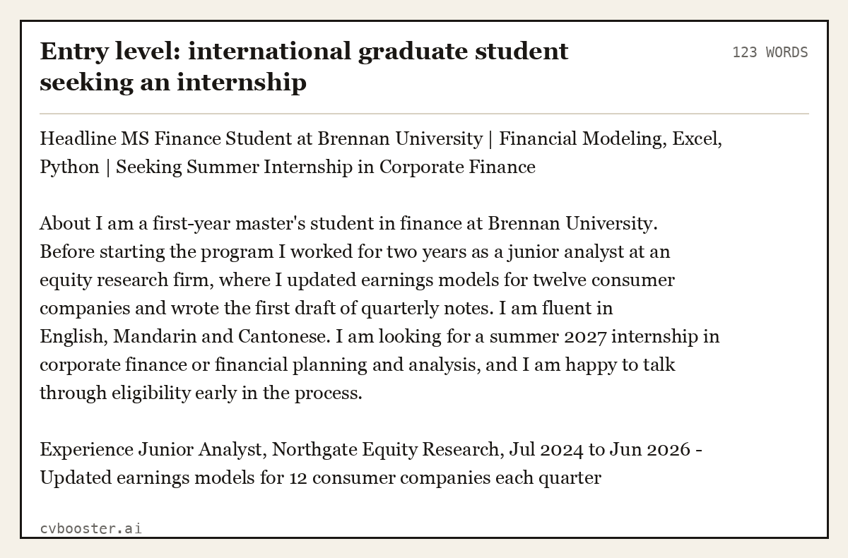 Complete Entry level: international graduate student seeking an internship example, 123 words, laid out as it would sit in the application form