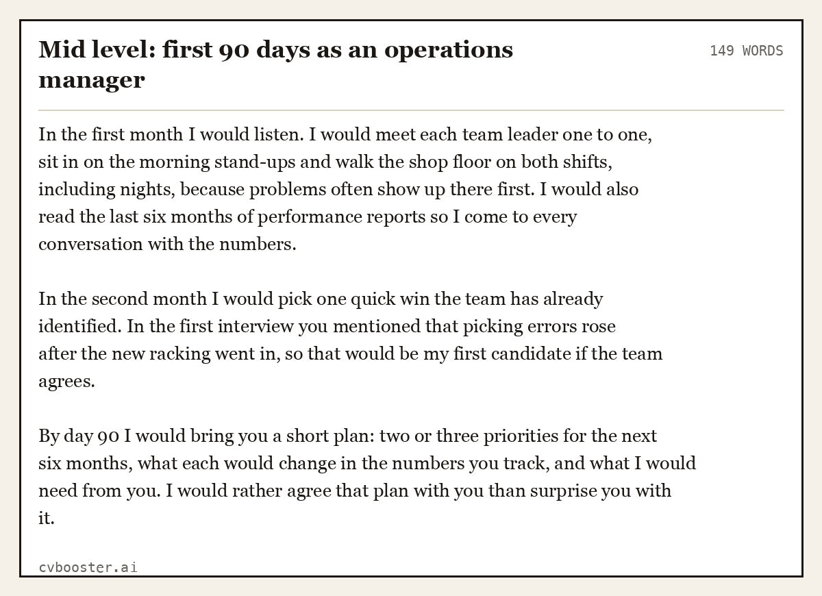 Complete Mid level: first 90 days as an operations manager example, 149 words, laid out as it would sit in the application form