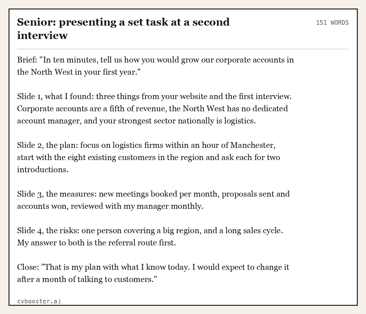 Complete Senior: presenting a set task at a second interview example, 151 words, laid out as it would sit in the application form