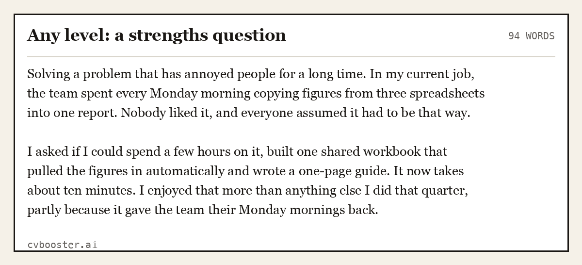Complete Any level: a strengths question example, 94 words, laid out as it would sit in the application form