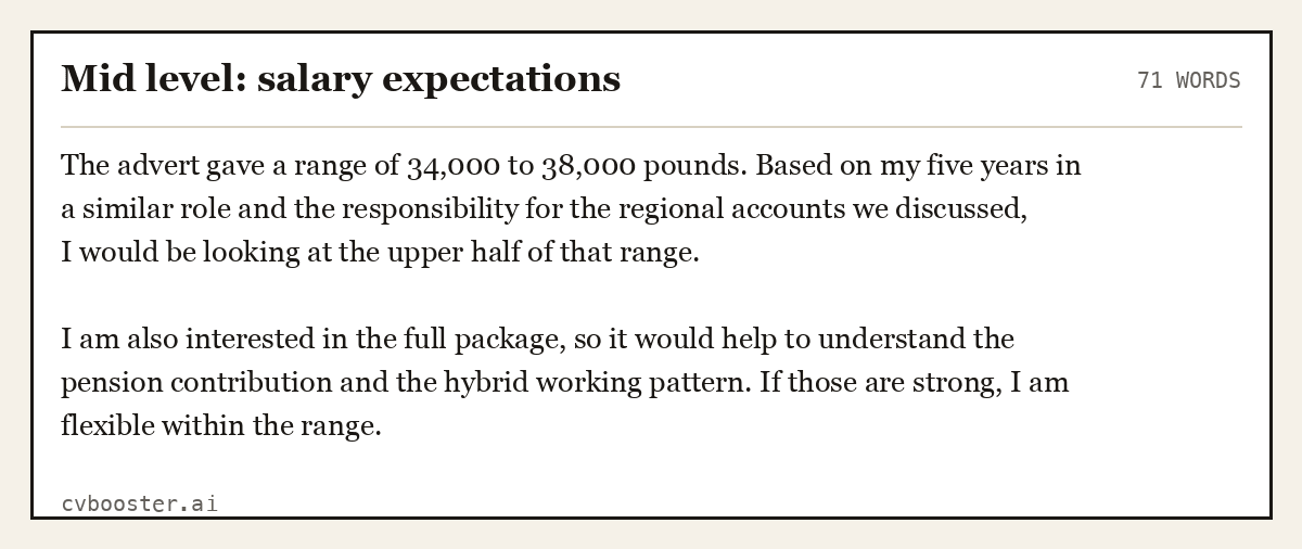 Complete Mid level: salary expectations example, 71 words, laid out as it would sit in the application form